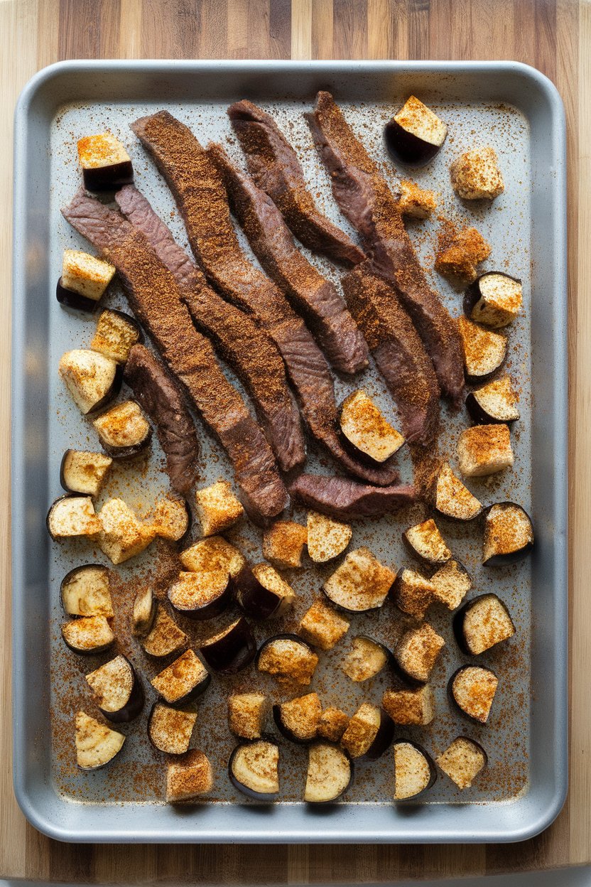 Indoor photo of beef strips and eggplant cubes dusted with za'atar spice roasting on a baking sheet. No text or logos.