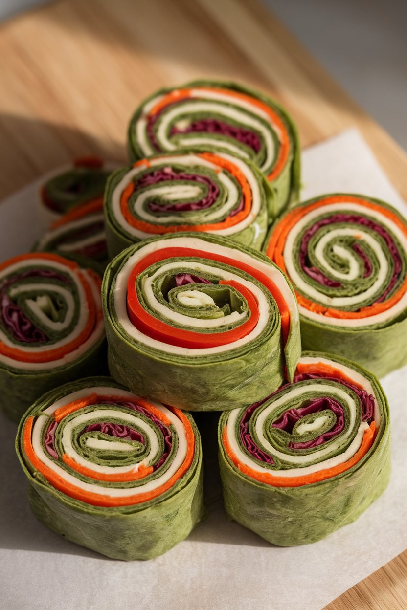 Indoor photo of colorful tortilla pinwheels showing layers of spinach wrap, cream cheese, red bell pepper, carrot, and purple cabbage, no text or logos