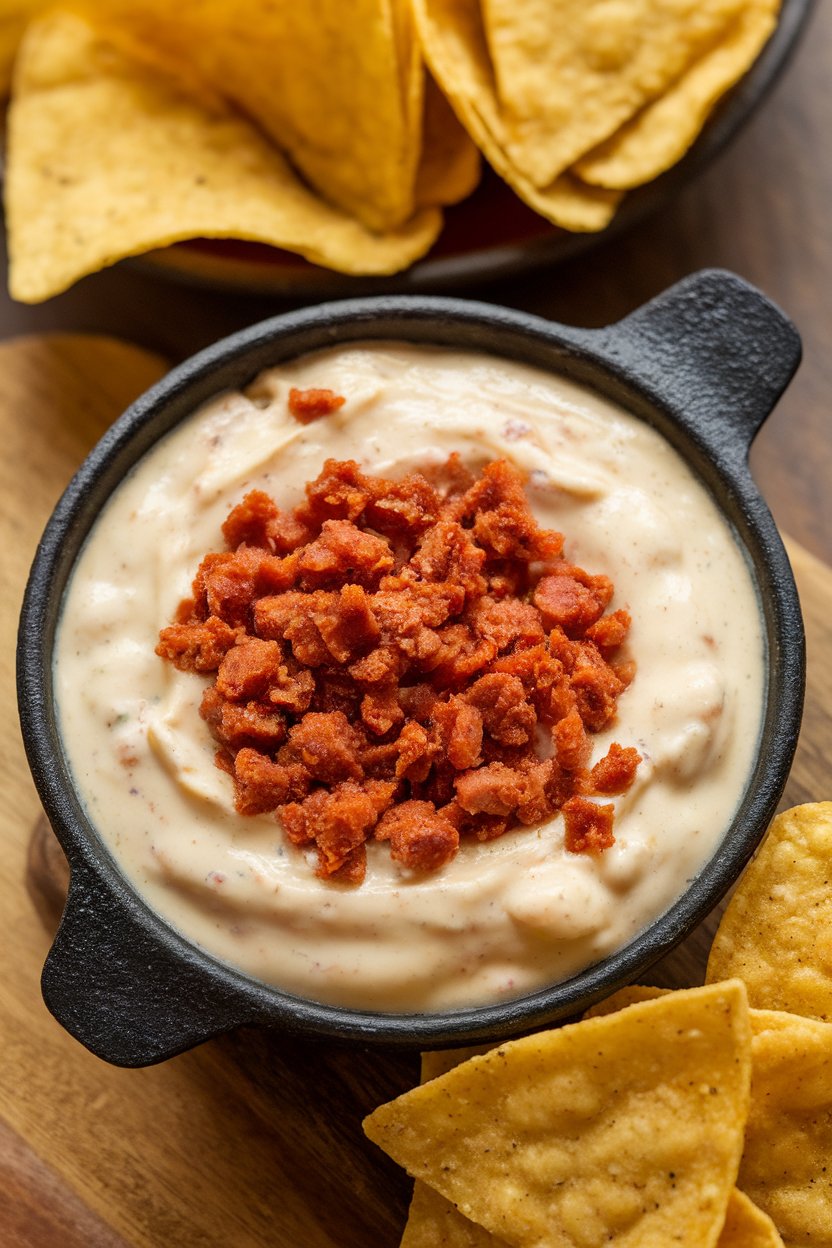 Indoor photo of creamy white queso dip in a small cast-iron dish with chorizo crumbles on top, tortilla chips nearby. No text or logos.