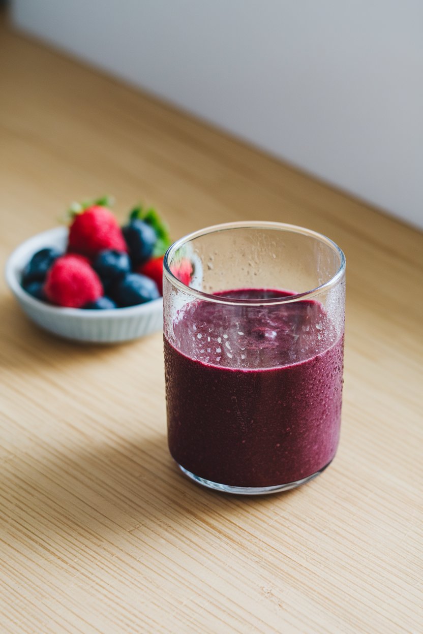 An indoor counter with a clear glass of deep purple smoothie, condensation on the outside, next to a small bowl of fresh berries. No text or logos.