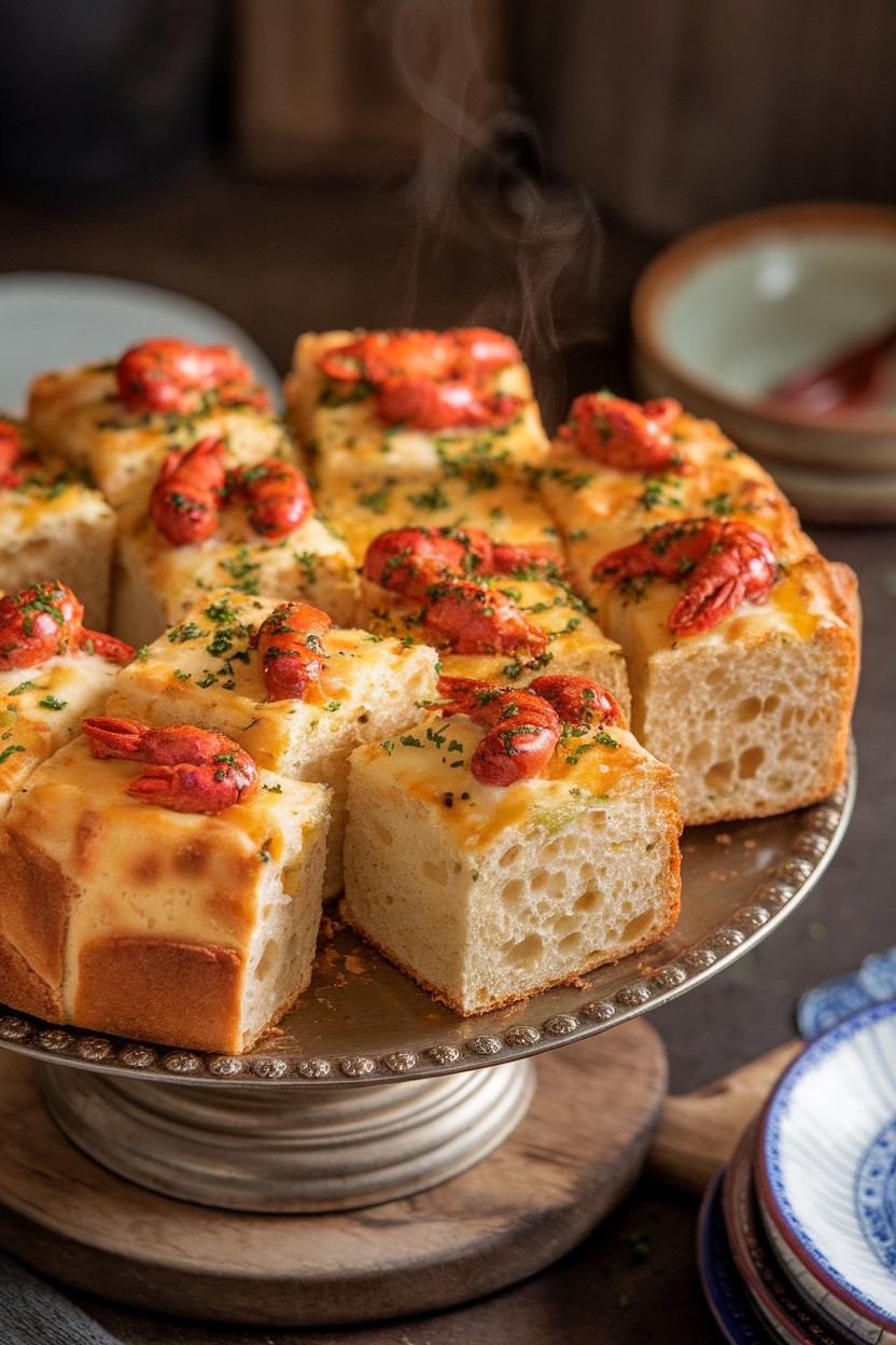 An indoor serving platter with square pieces of cheesy crawfish bread topped with chopped parsley, steam faintly rising. No text or logos on any items.
