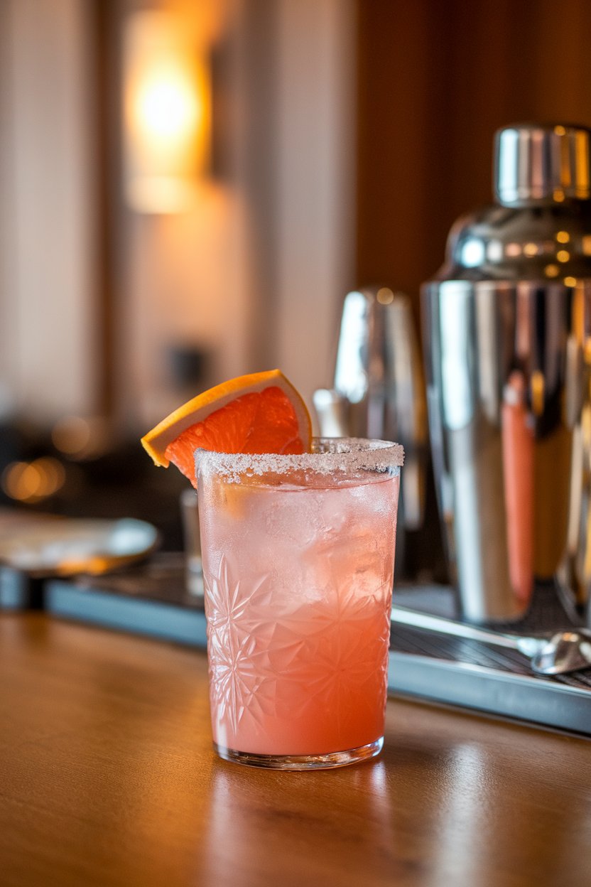 Indoor lake-house bar with a highball of grapefruit-pink drink, salted rim, grapefruit wedge, no text or logos, photo