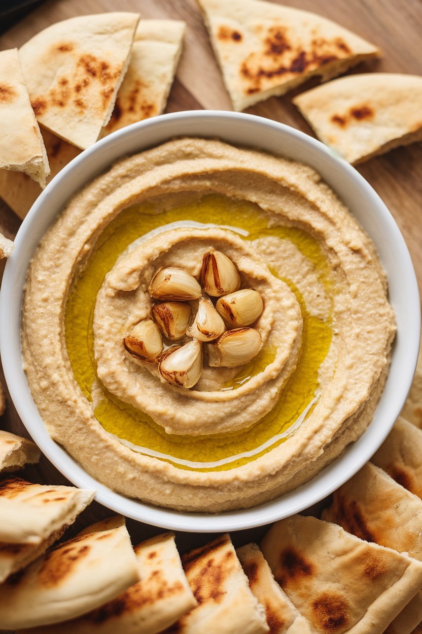 Indoor bowl of creamy hummus swirled with olive oil and topped with roasted garlic cloves, pita wedges arranged around the bowl. No text or logos.