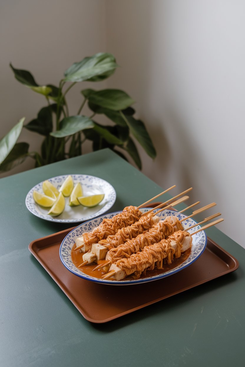 Photo prompt: Indoor table featuring skewered tofu chunks coated in a thick peanut sauce, lime wedges on the side. No text or logos.