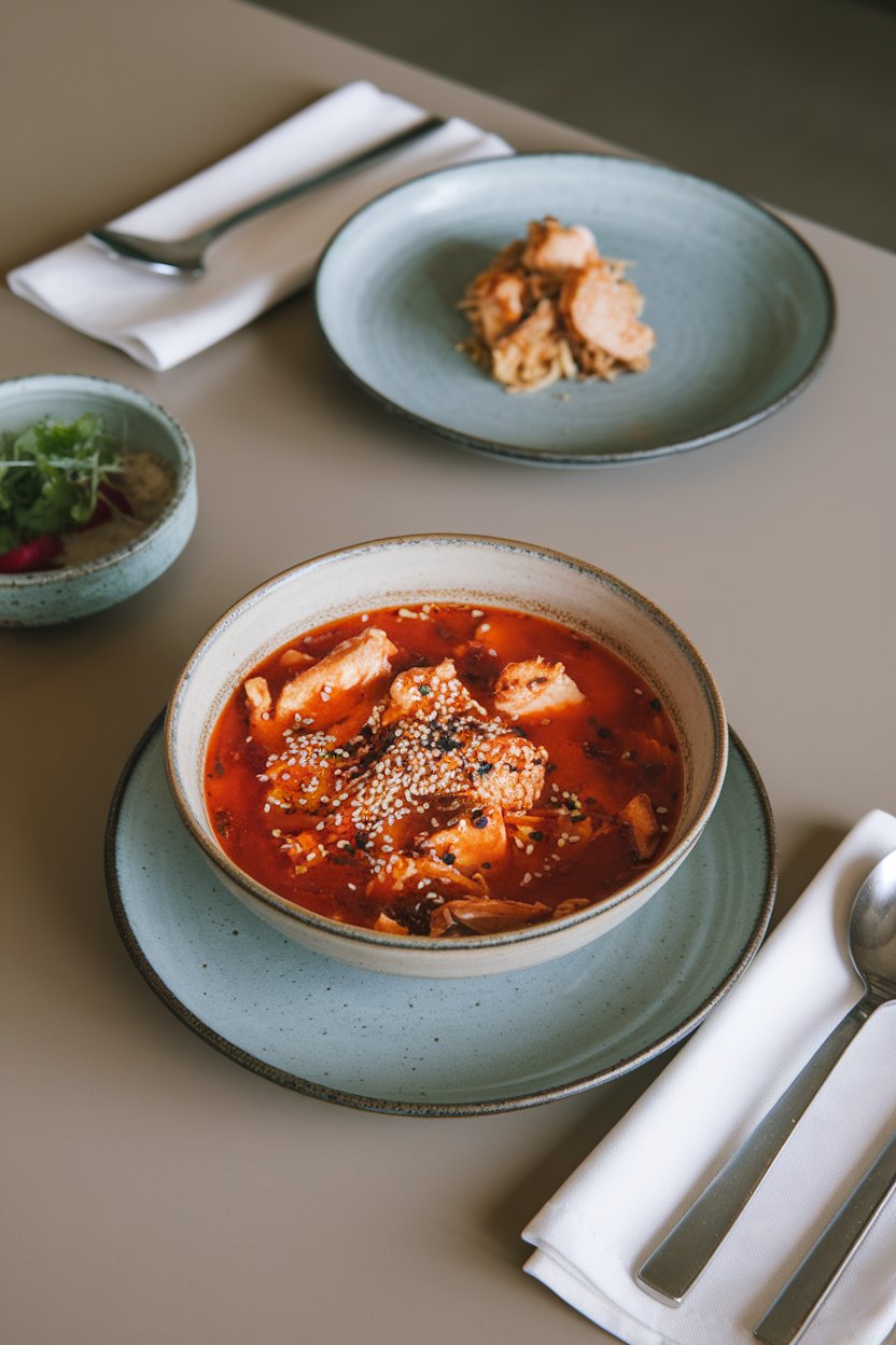An indoor dining table featuring a bowl of chicken chili with a bright red broth, topped with sesame seeds. No logos or text in view.