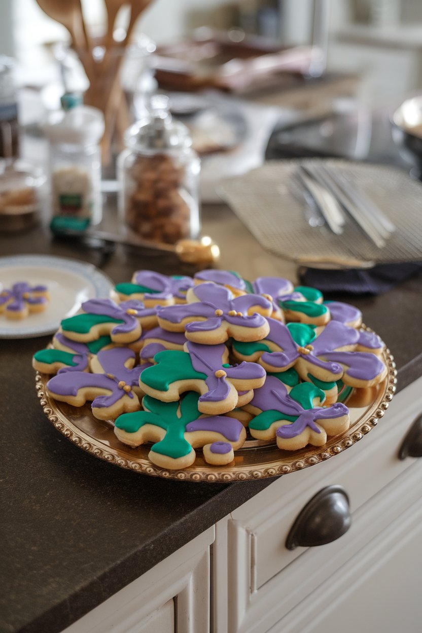 A close-up indoor kitchen island showing fleur-de-lis–shaped sugar cookies iced in purple, green, and gold. No text or logos. Photo.