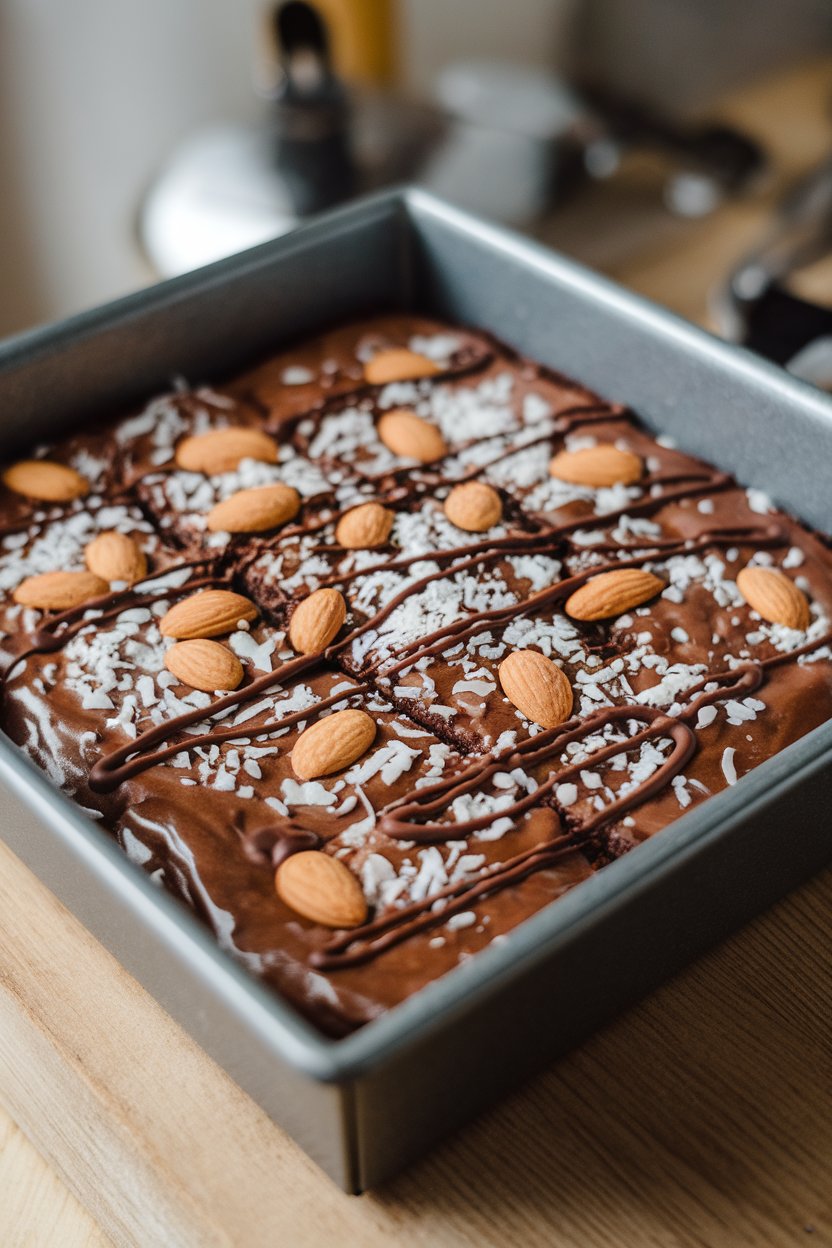 Indoor baking pan of glossy brownies topped with shredded coconut, whole almonds, and chocolate drizzle. No text or logos; photo, not illustration.