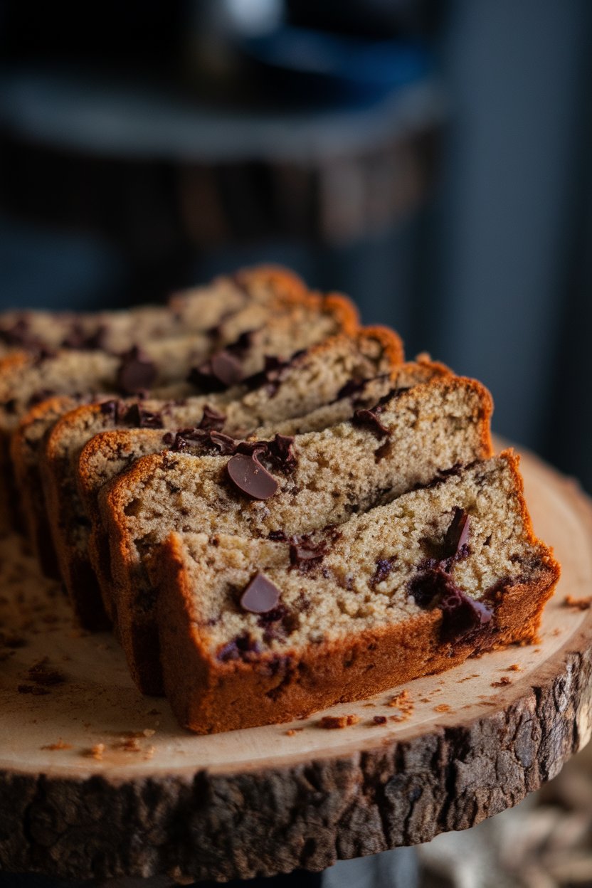 Indoor photo of thick slices of banana bread dotted with melted chocolate chunks on a wooden platter, no text or logos