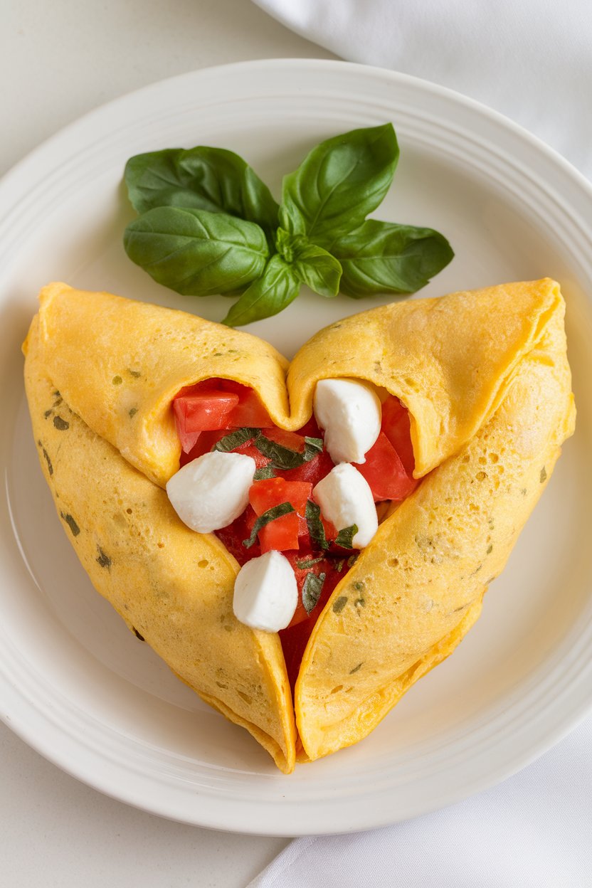 Indoor photo of fluffy omelette folded into a heart shape, filled with diced tomato, mozzarella, and basil, no text or logos