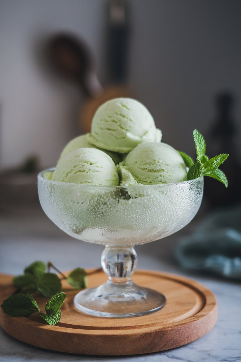 A frosty glass dish indoors holding scoops of pastel green honeydew sorbet, condensation visible on the bowl. No text or logos.