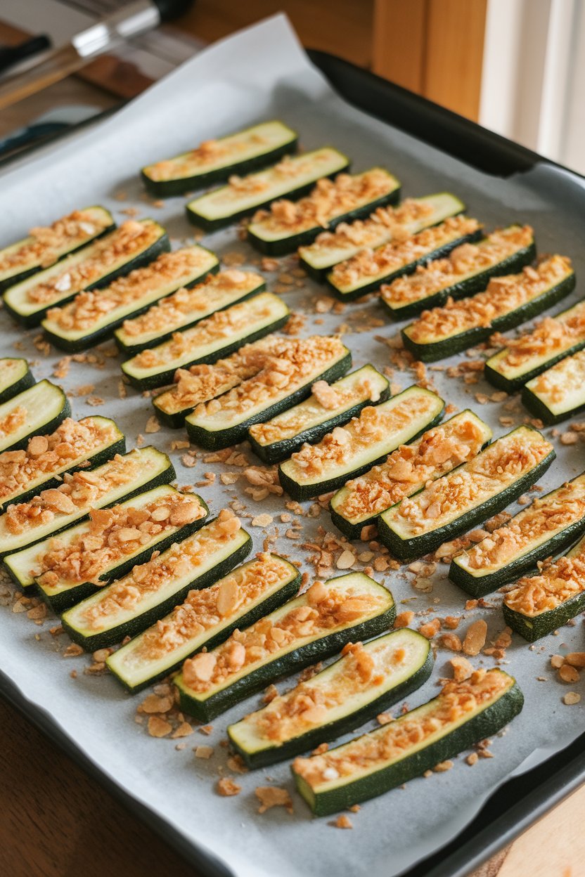 A parchment-lined baking sheet indoors with golden zucchini sticks coated in crushed almonds; no text or logos.