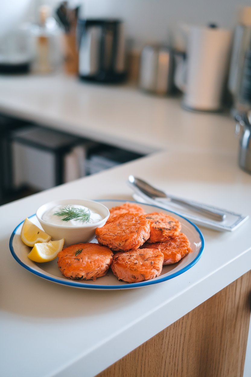 Indoor kitchen counter with a plate of golden salmon cakes served alongside a small bowl of yogurt dill sauce and lemon wedges. No logos or text.