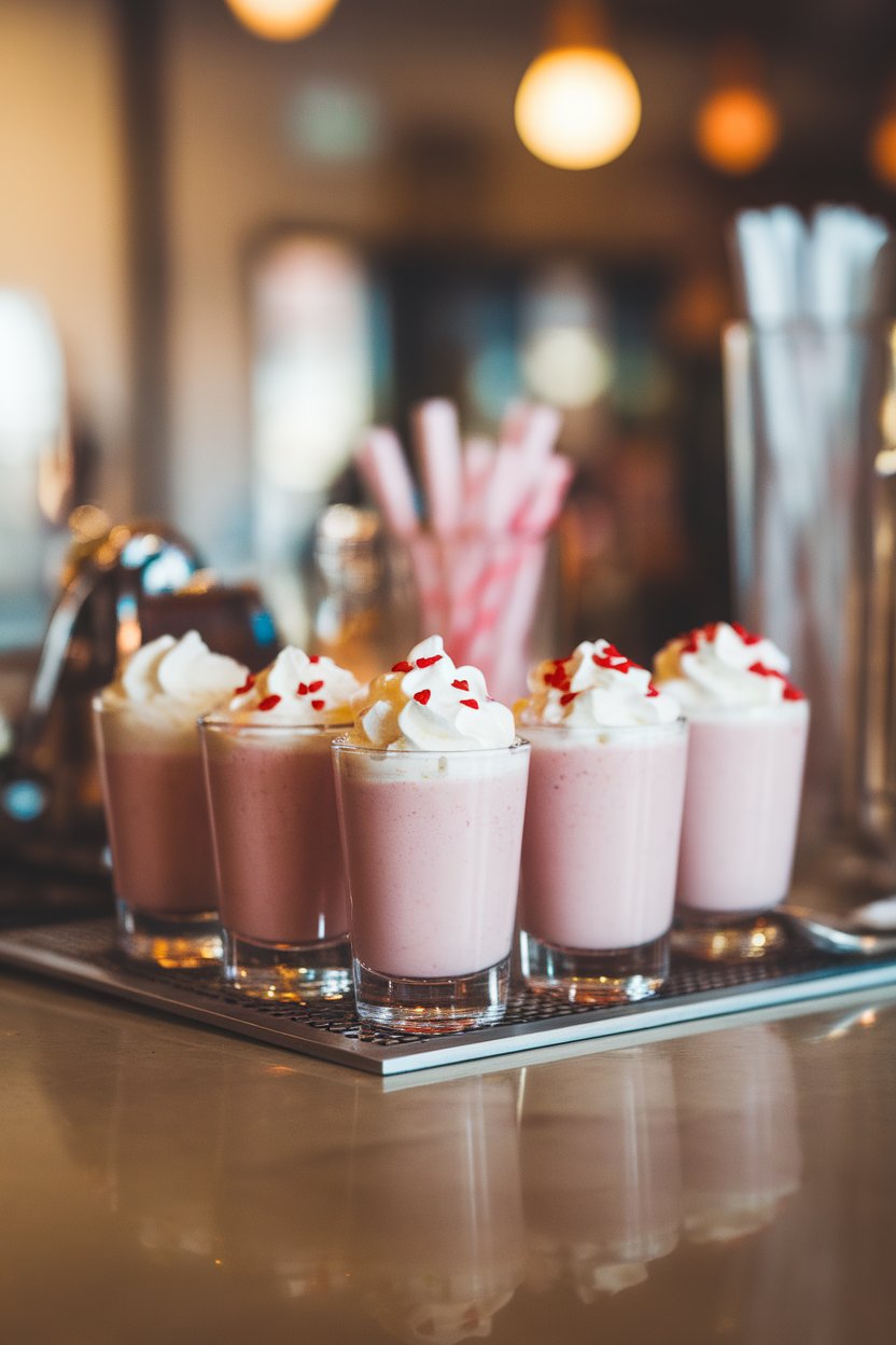 Tiny shot glasses filled with pale pink milkshake, whipped cream peaks, and red heart sprinkles, styled on an indoor bar counter. No text or logos present.