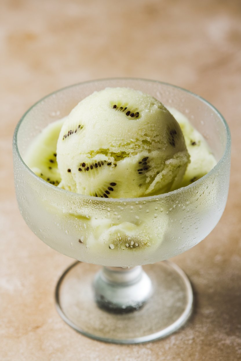 An indoor scoop of pale green sorbet in a frosted glass dish, kiwi seeds visible, condensation on the glass, no text or logos. Photo only.