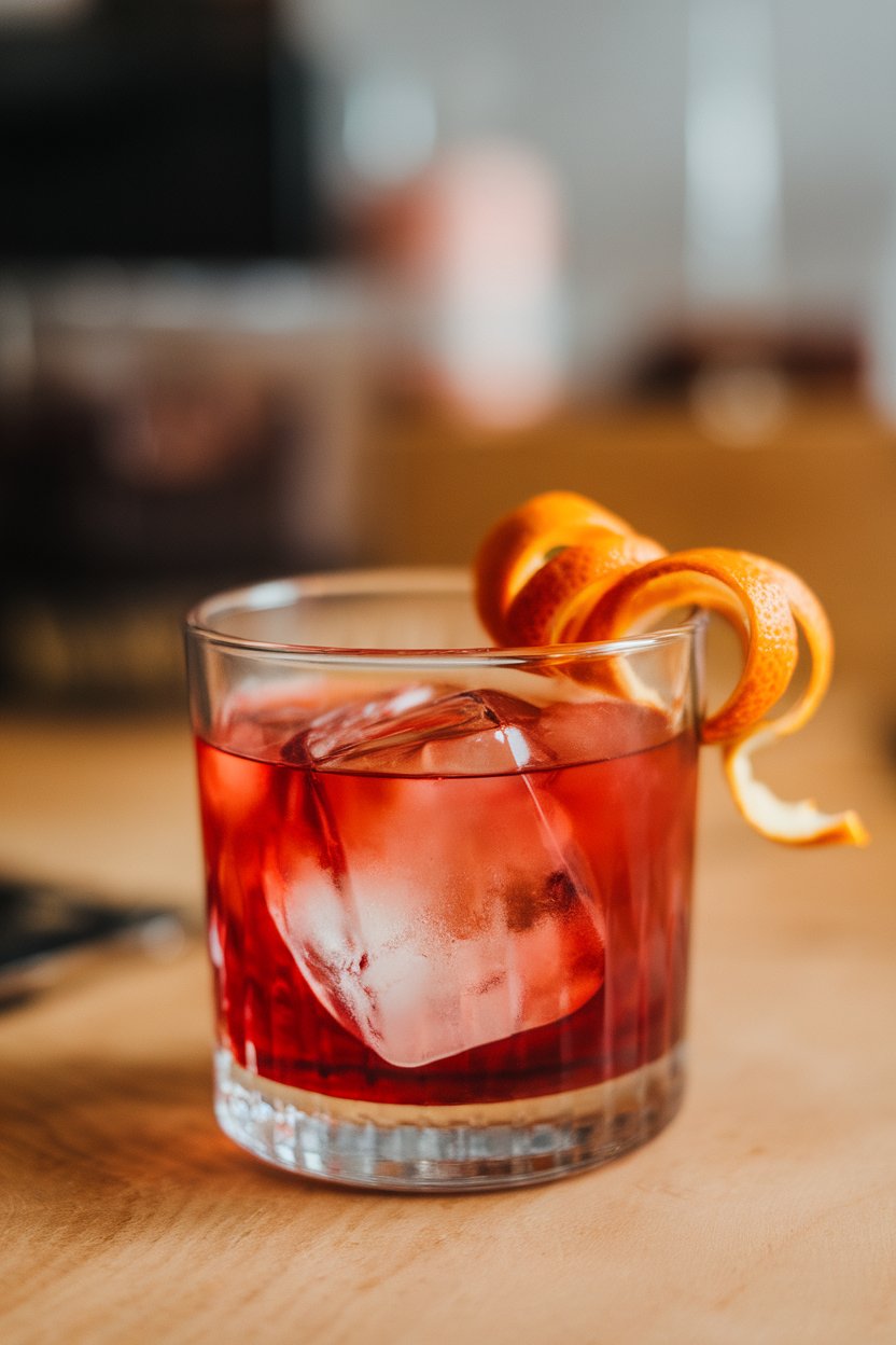 Indoor bar close-up of a rocks glass with ruby red Negroni, large clear ice cube, and charred orange peel garnish; no text or logos present.