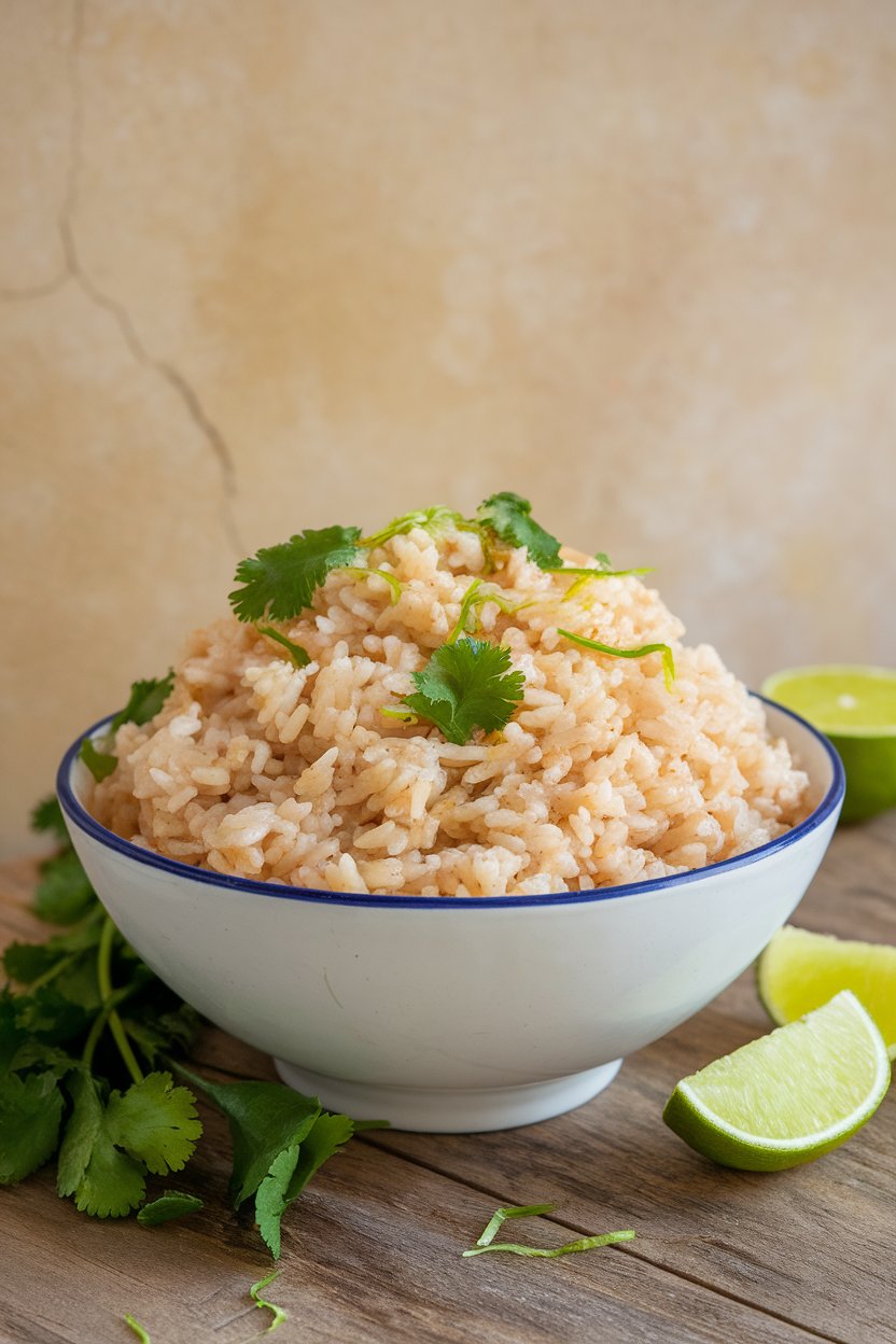 An indoor serving bowl of fluffy brown rice flecked with cilantro and lime zest. No text or logos.