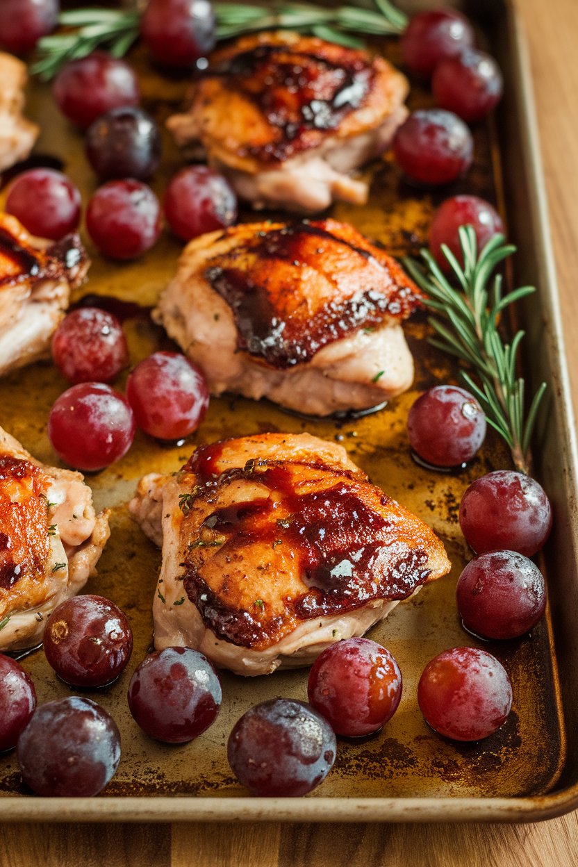 Indoor photo of sheet-pan chicken thighs browned in balsamic glaze, whole red grapes blistered and juicy around them, rosemary sprigs visible. No text or logos.