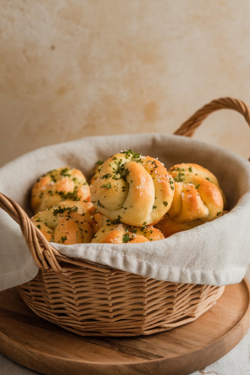 An indoor basket lined with linen, filled with glistening garlic knots sprinkled with Parmesan and parsley, no text or logos.