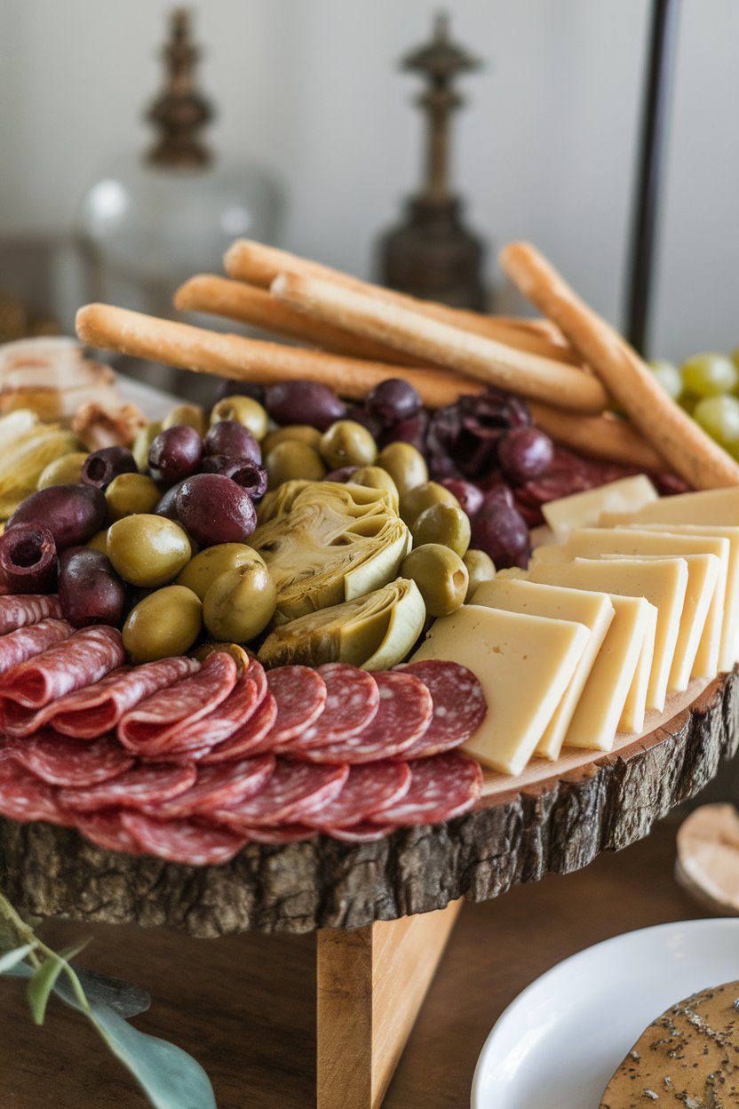 Indoor charcuterie board piled with salami, olives, marinated artichokes, and sliced provolone, no writing or logos.