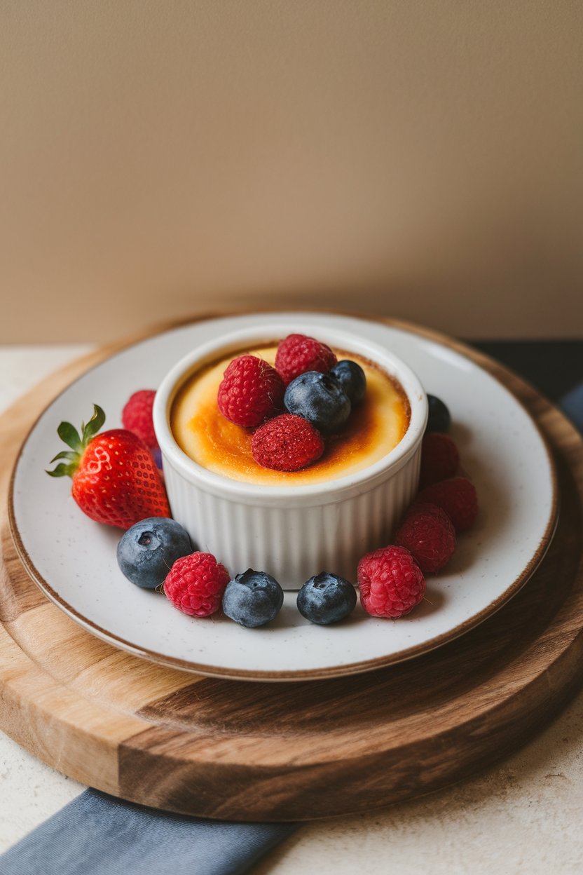 Indoor dessert plate with a small ramekin of baked cheesecake custard topped with fresh berries. No text or logos.