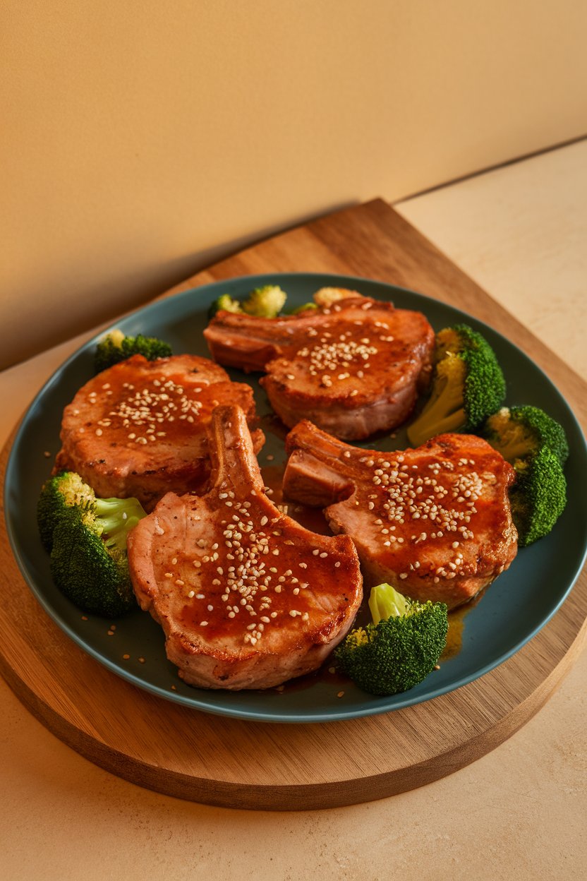 Indoor shot of pork chops glazed in sesame ginger sauce, sprinkled with sesame seeds, no text or logos.