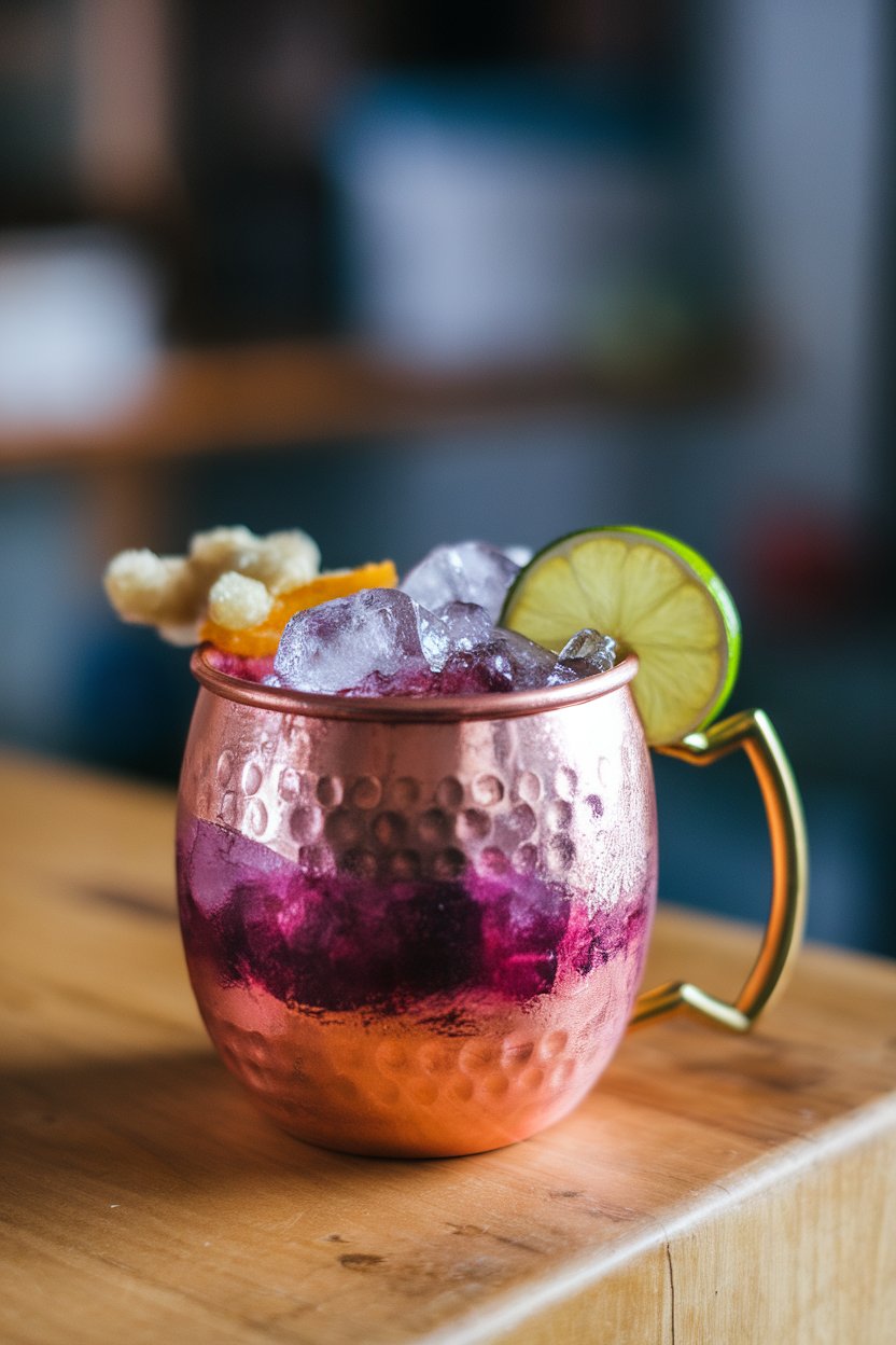 Photo of a copper mug indoors filled with crushed ice, vivid purple liquid peeking through, lime wedge and candied ginger garnish, no text or logos