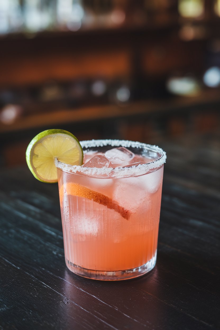 Indoor cantina table with a salt-rimmed rocks glass of pink grapefruit soda, lime wedge, ice cubes. No text or logos.