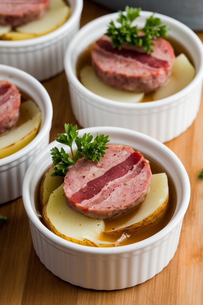 Indoor photo of small ramekins filled with layers of sausage, bacon, potatoes, and onions in broth, parsley garnish, no text or logos