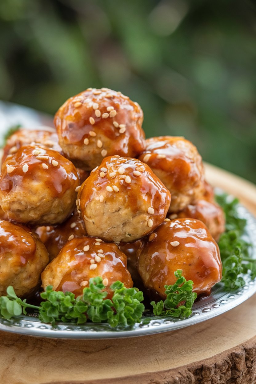 Indoor platter of glazed teriyaki chicken meatballs sprinkled with sesame seeds, no text or logos