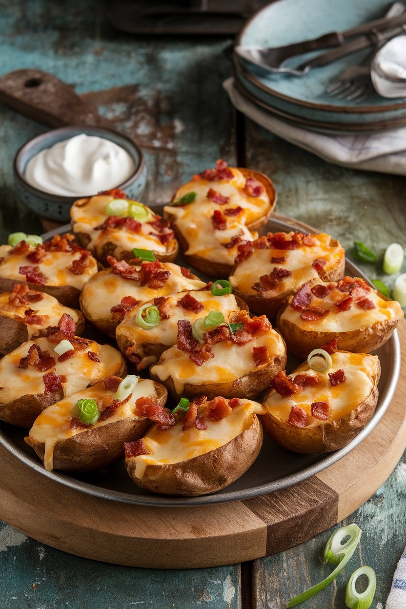 An indoor platter of potato skins filled with melted cheese, bacon bits, and green onions, sour cream in a bowl nearby. No text or logos. Photo, not illustration.