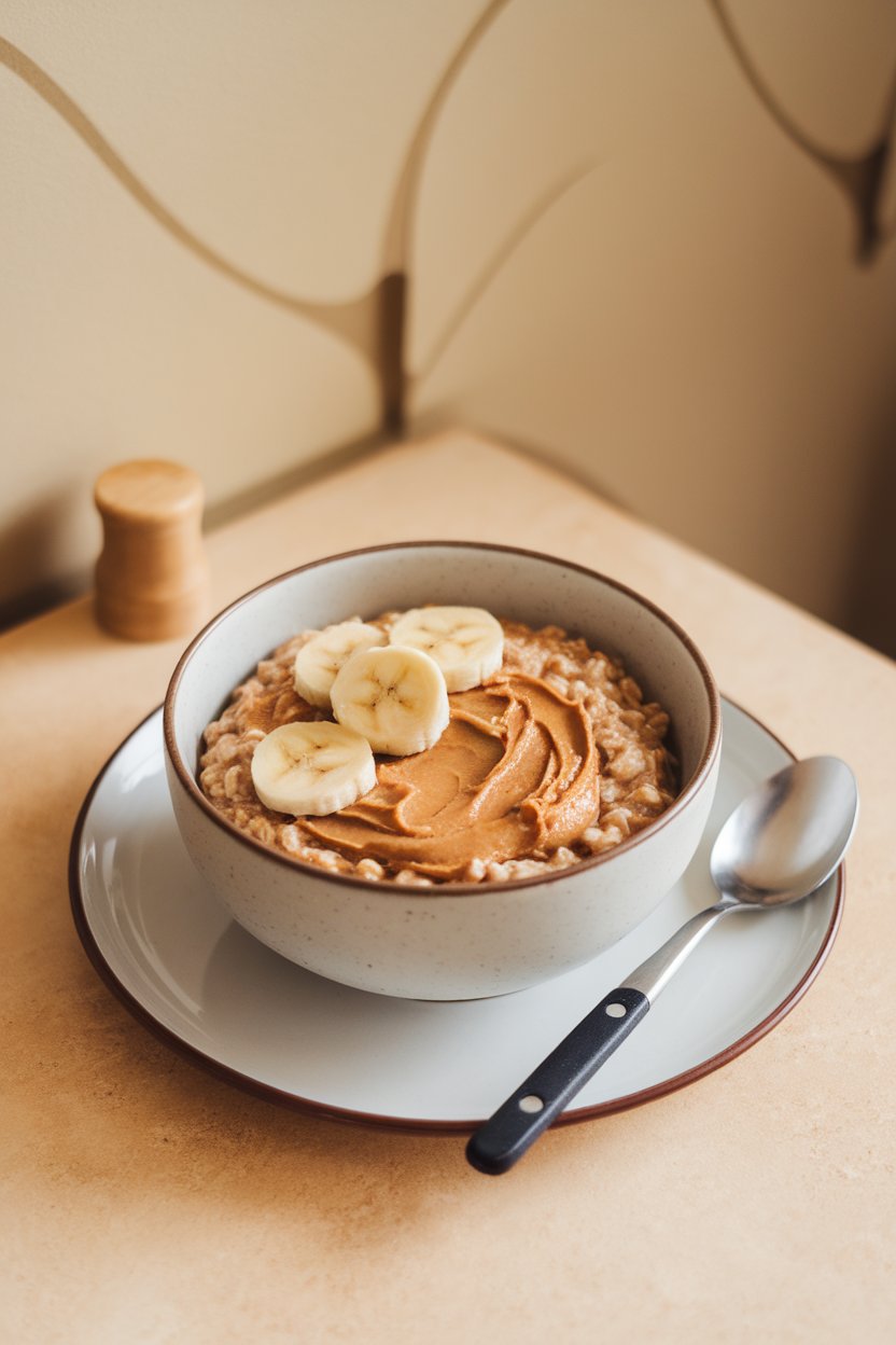Indoor breakfast table showing a bowl of oats topped with peanut butter drizzle and banana coins. No text or logos anywhere.