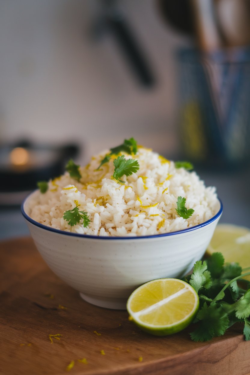 Indoor bowl of fluffy rice speckled with cilantro and lime zest. No text or logos.