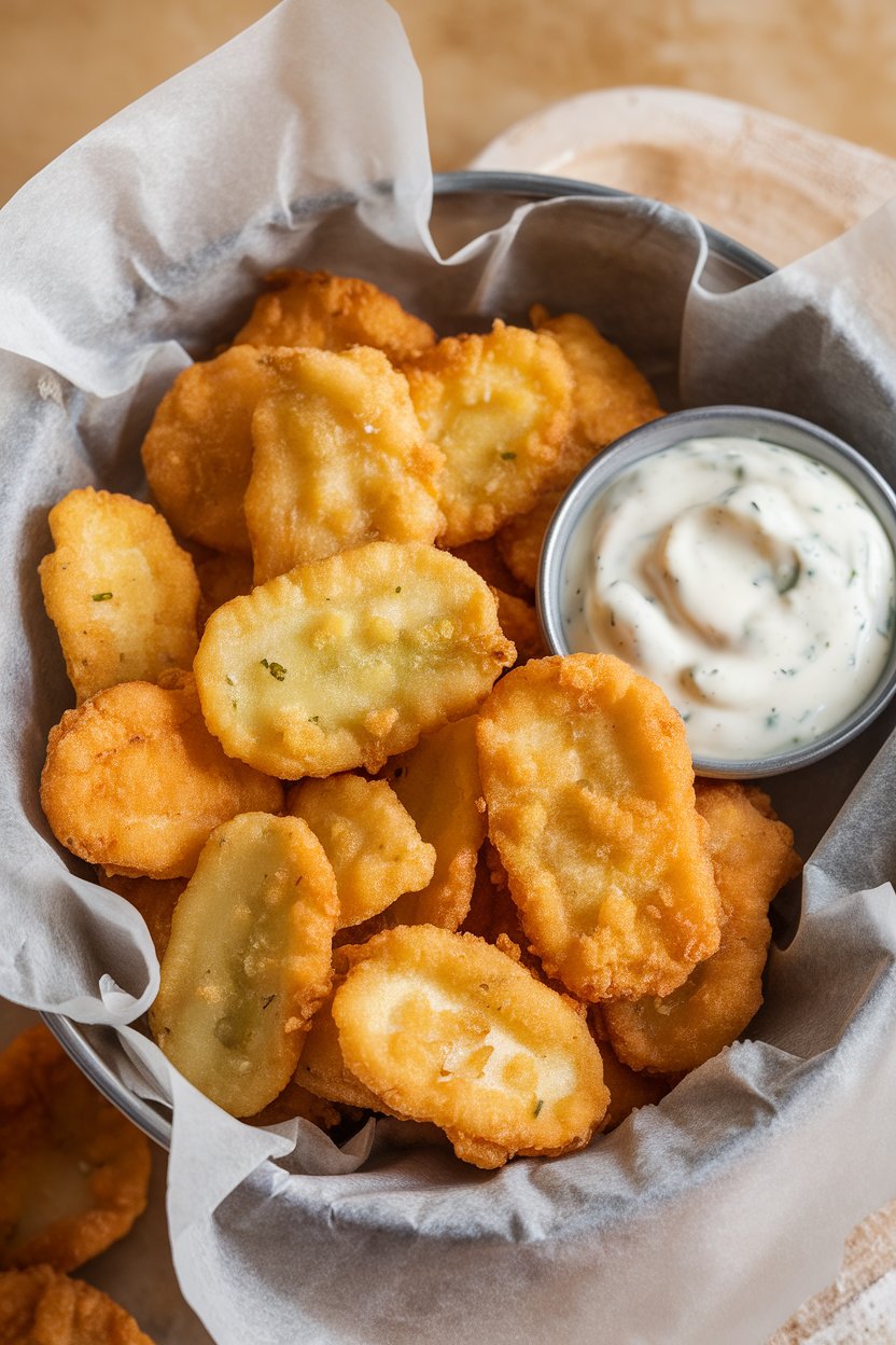 Indoor photo of golden fried pickle chips in a basket lined with parchment, side of creamy ranch; no text or logos.