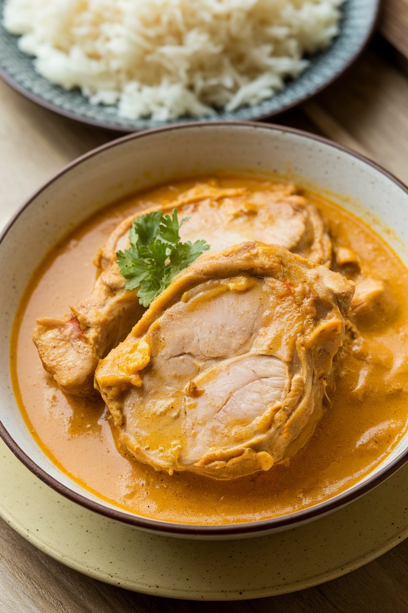 Shallow bowl of pork chops in golden coconut curry sauce, jasmine rice in background, no text or logos.