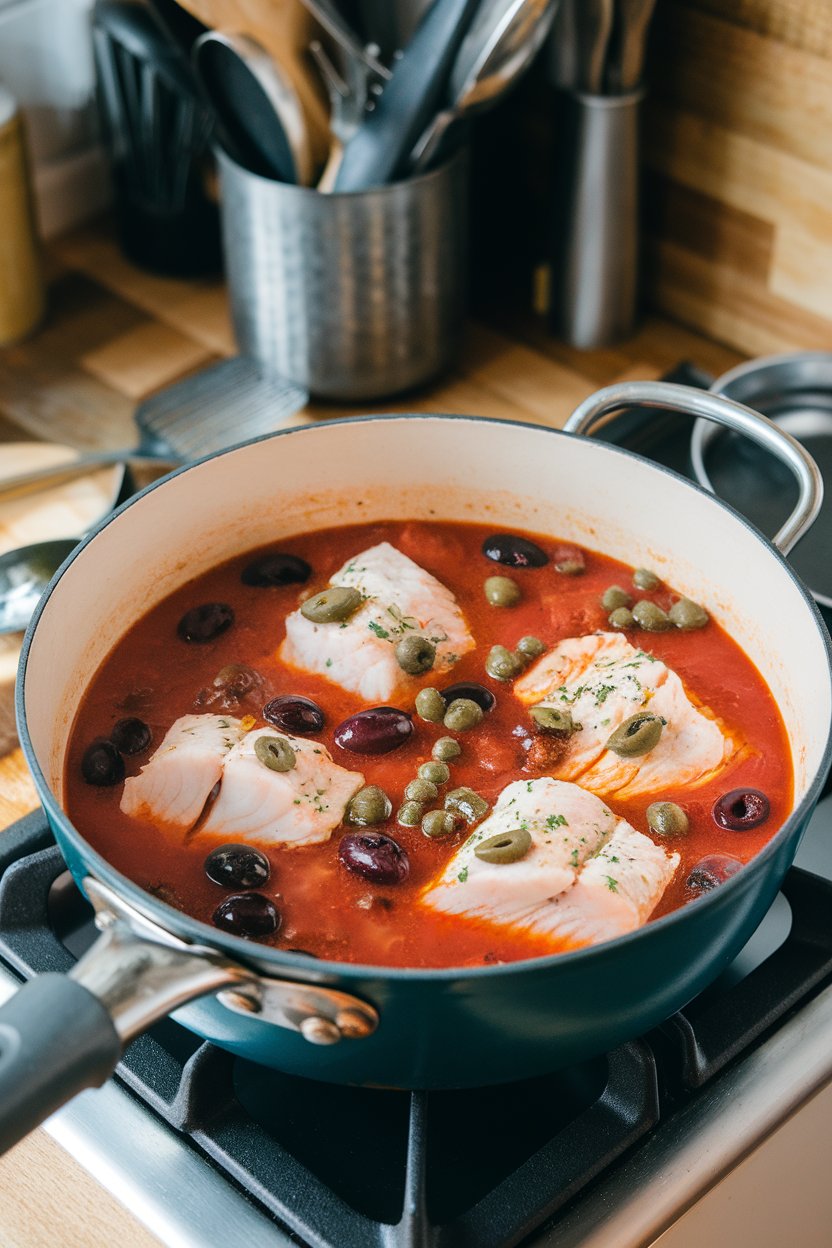 An indoor saucepan containing cod fillets simmering in red tomato broth with olives and capers. No branding or text anywhere.