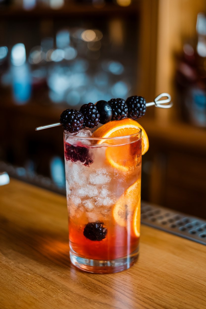 Indoor wooden bar with a highball of sunset-orange cocktail, blackberry and orange wheel skewered, crushed ice rising, no text or logos, photo