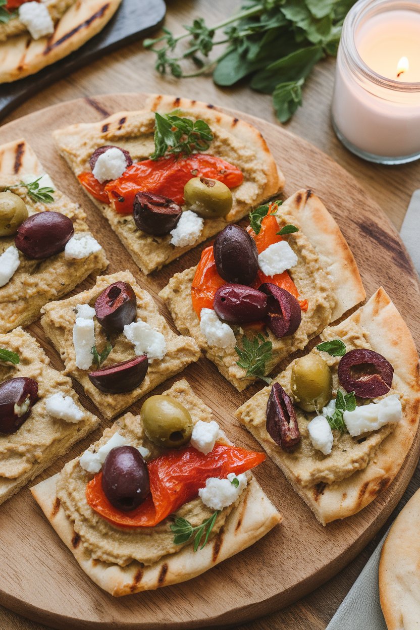 Indoor photo of grilled flatbread topped with hummus, olives, roasted peppers, and feta, cut into squares, no text or logos.