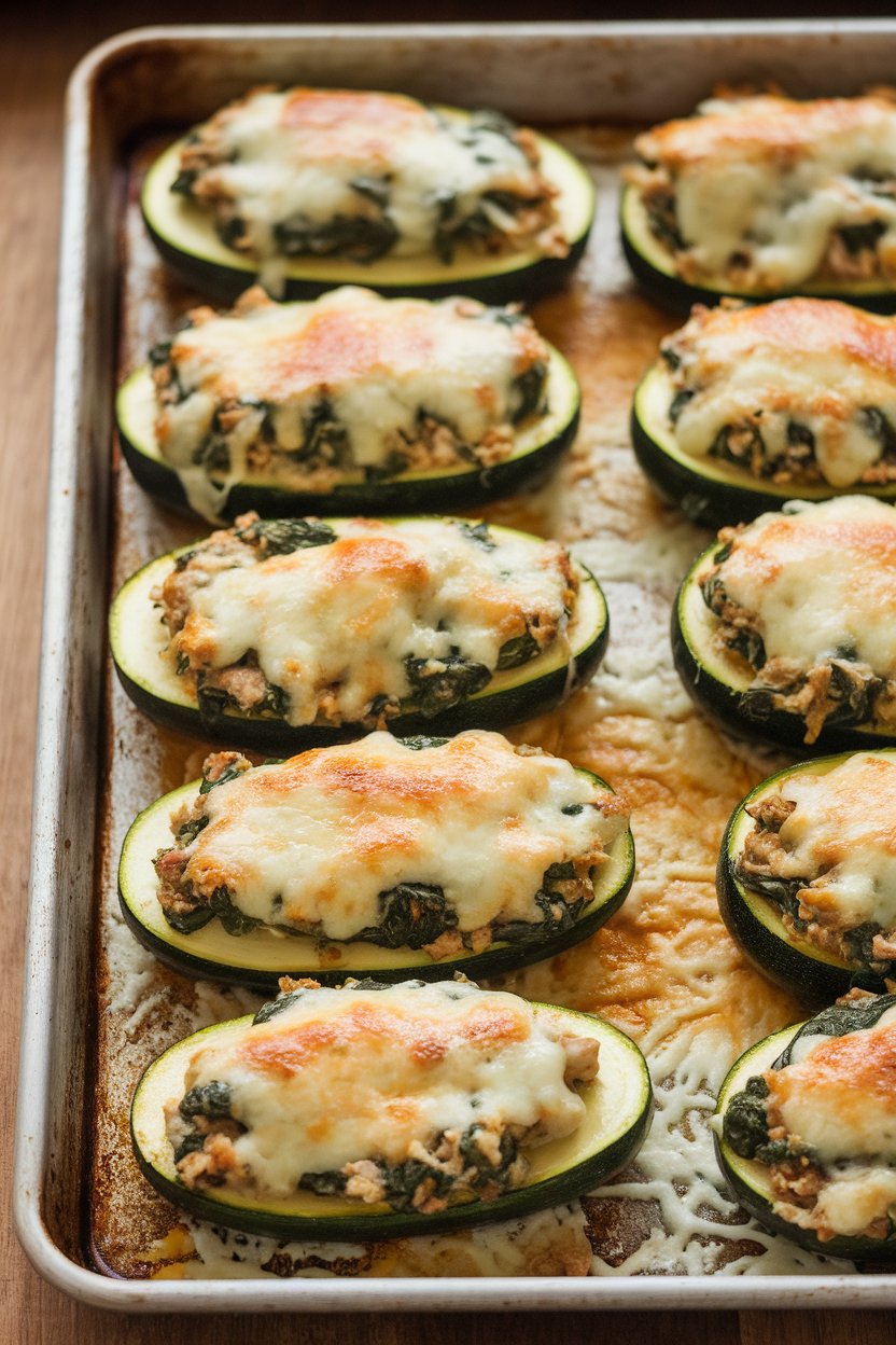 A baking sheet indoors featuring halved zucchinis stuffed with turkey and spinach filling, melted cheese lightly browned on top. No text or logos.