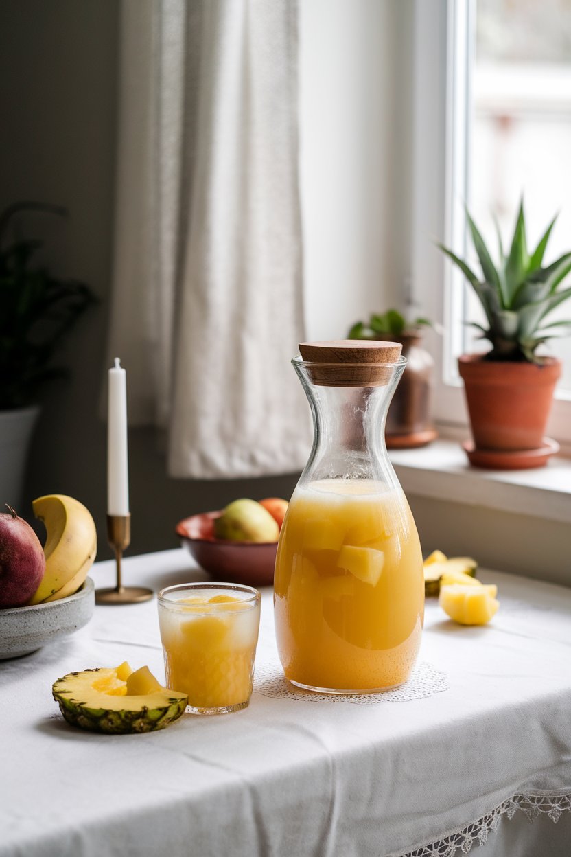 Indoor kitchen table with a carafe of golden pineapple agua fresca, small glass beside it, pineapple chunks visible, no text or logos.