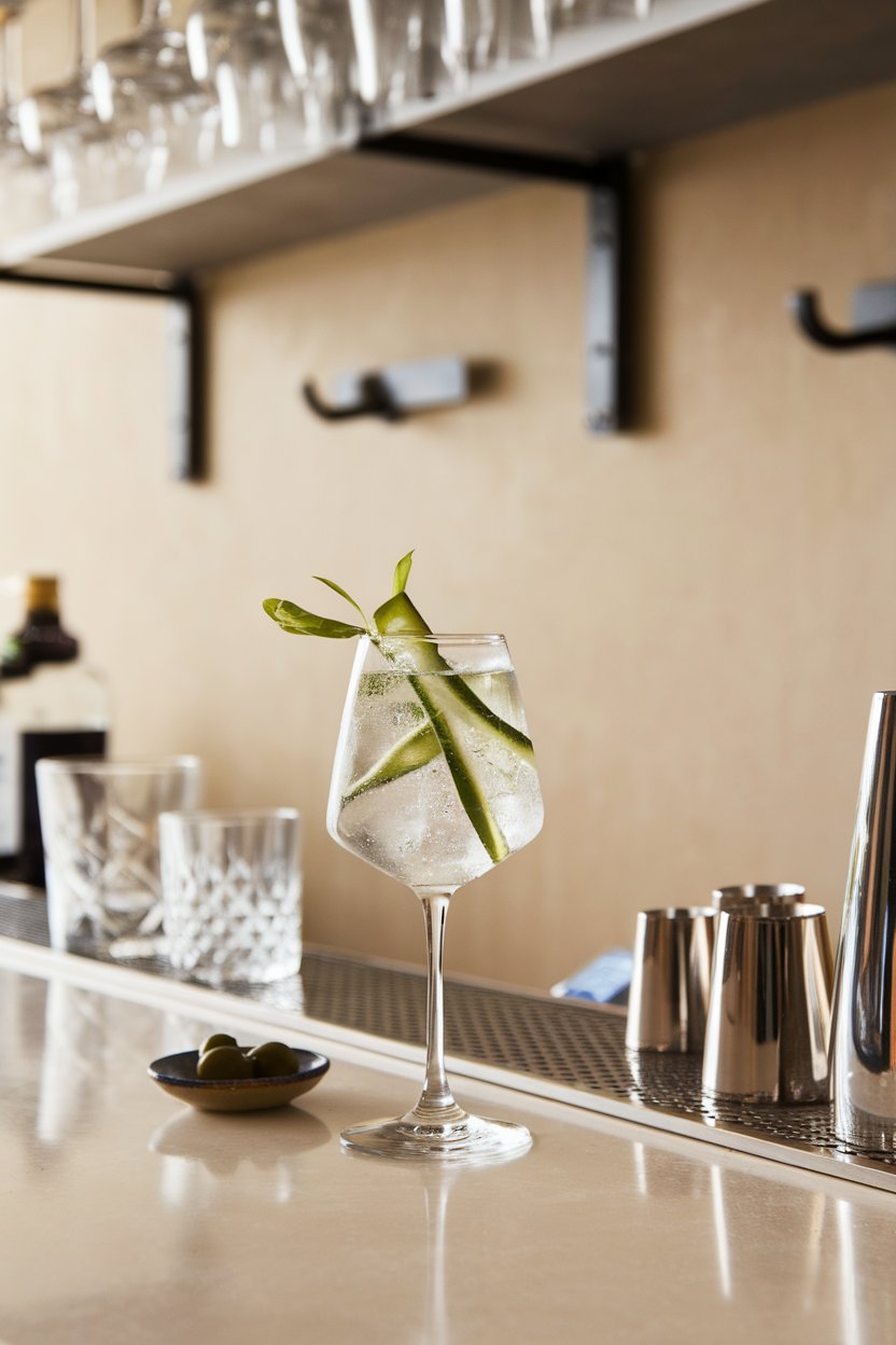 Indoor modern bar with a stemmed glass of clear Seedlip Garden Fizz, cucumber ribbon and pea shoot garnish, no text or logos. Photo only.
