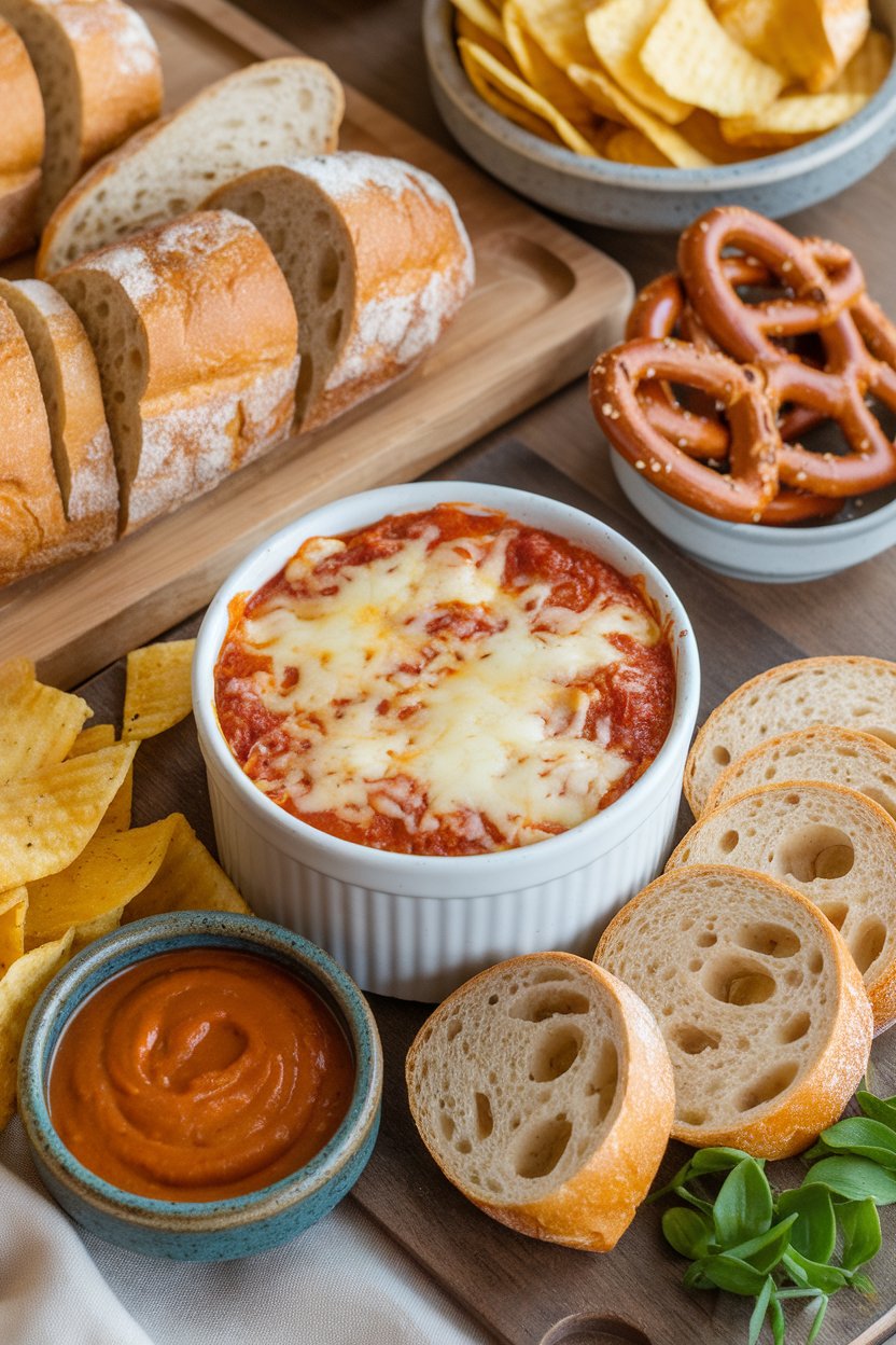 Indoor game-day spread showing a ramekin of hot Italian hoagie dip with melted provolone on top, sliced baguette nearby. No text or logos.