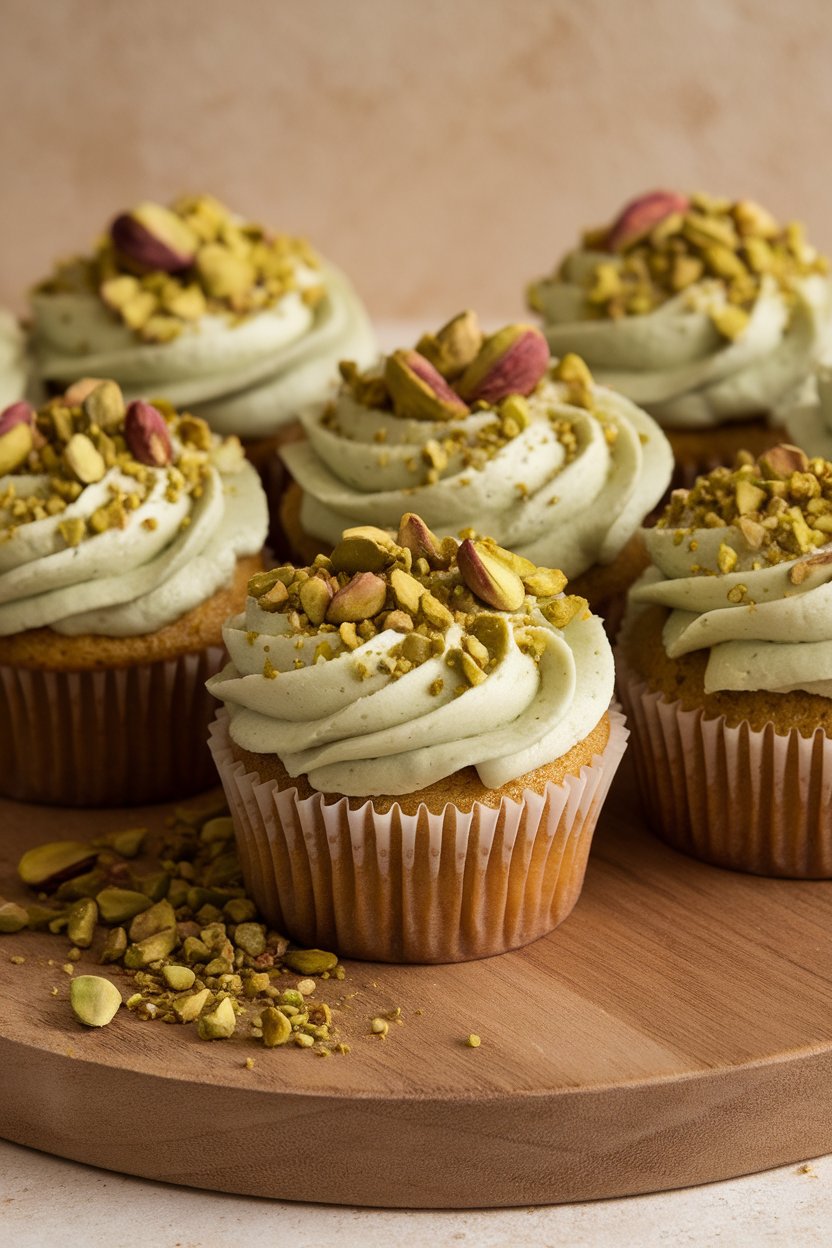 Indoor photo of pale-green cupcakes topped with crushed pistachios and gold sprinkles, no text or logos