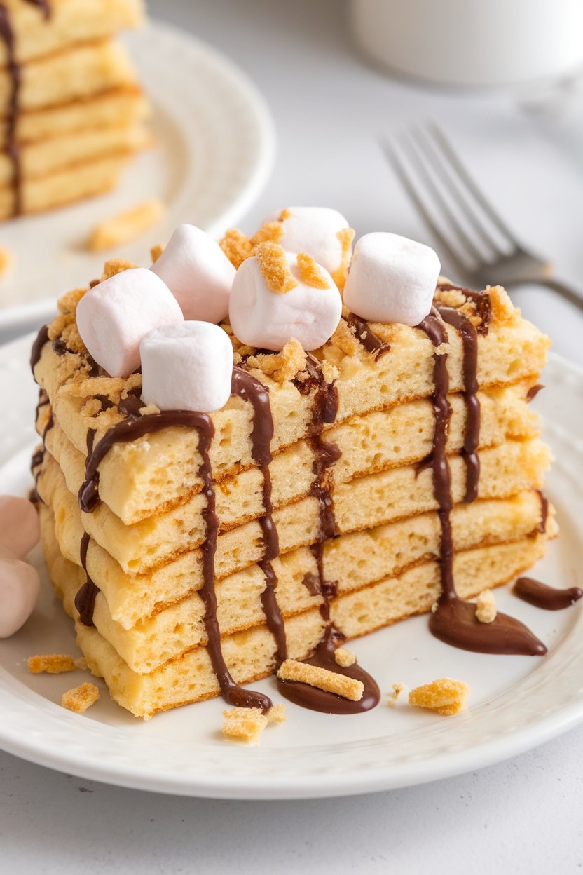 Indoor pancake slice topped with mini marshmallows, chocolate drizzle, and graham cracker crumbs, no text or logos.