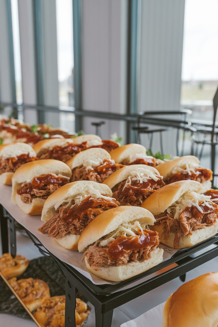 An indoor buffet photo of mini buns heaped with saucy pulled pork and a sprinkle of coleslaw, shot at table height. No branding or text visible.