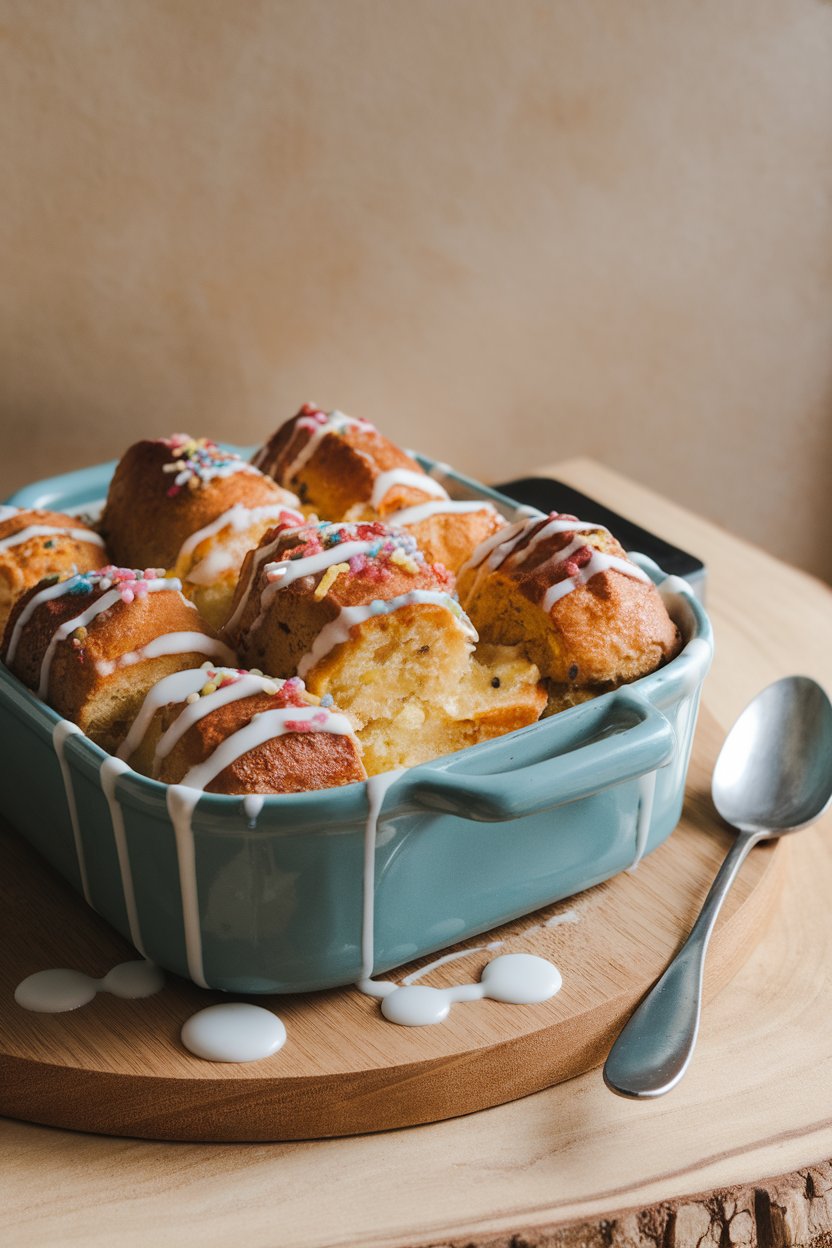 Photo of a casserole dish of bread pudding drizzled with white glaze and colored sugars; indoor lighting; no text or logos.