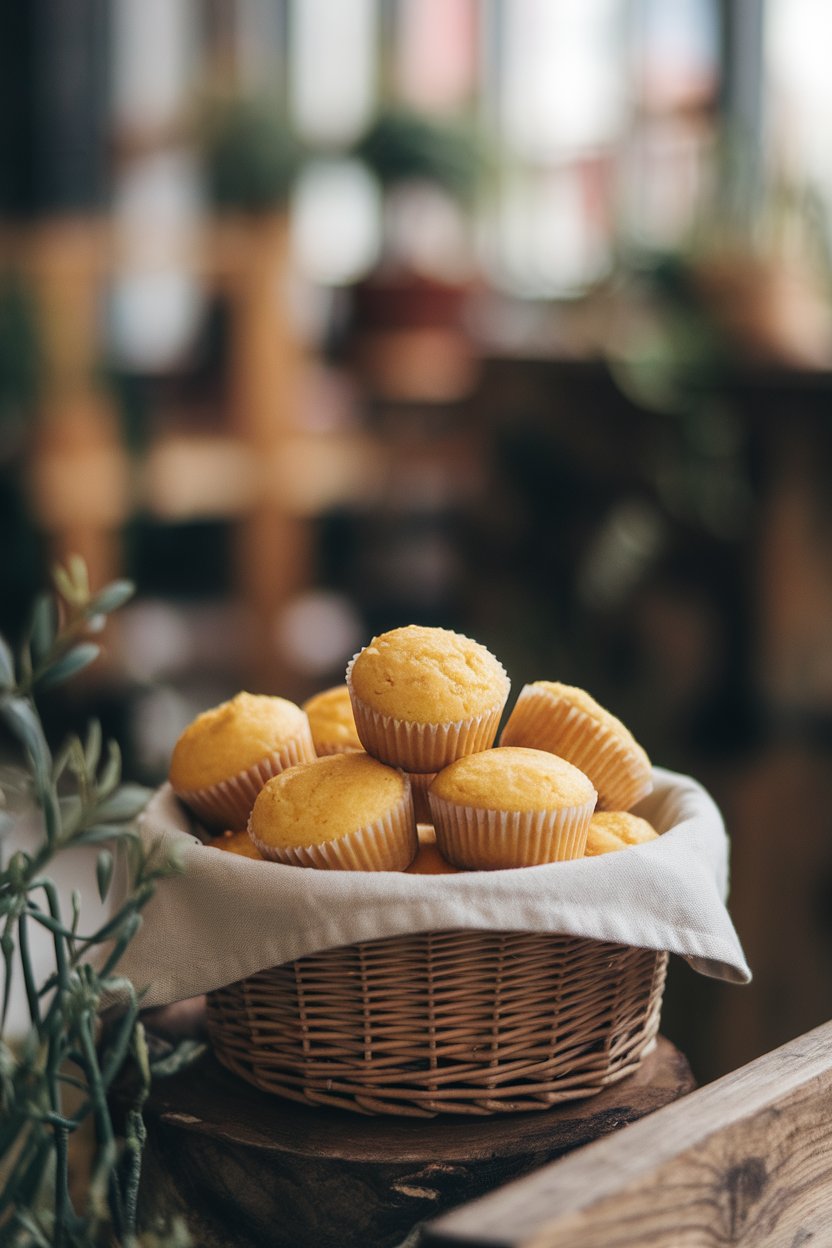 Indoor basket lined with cloth holding golden mini cornbread muffins, no text or logos
