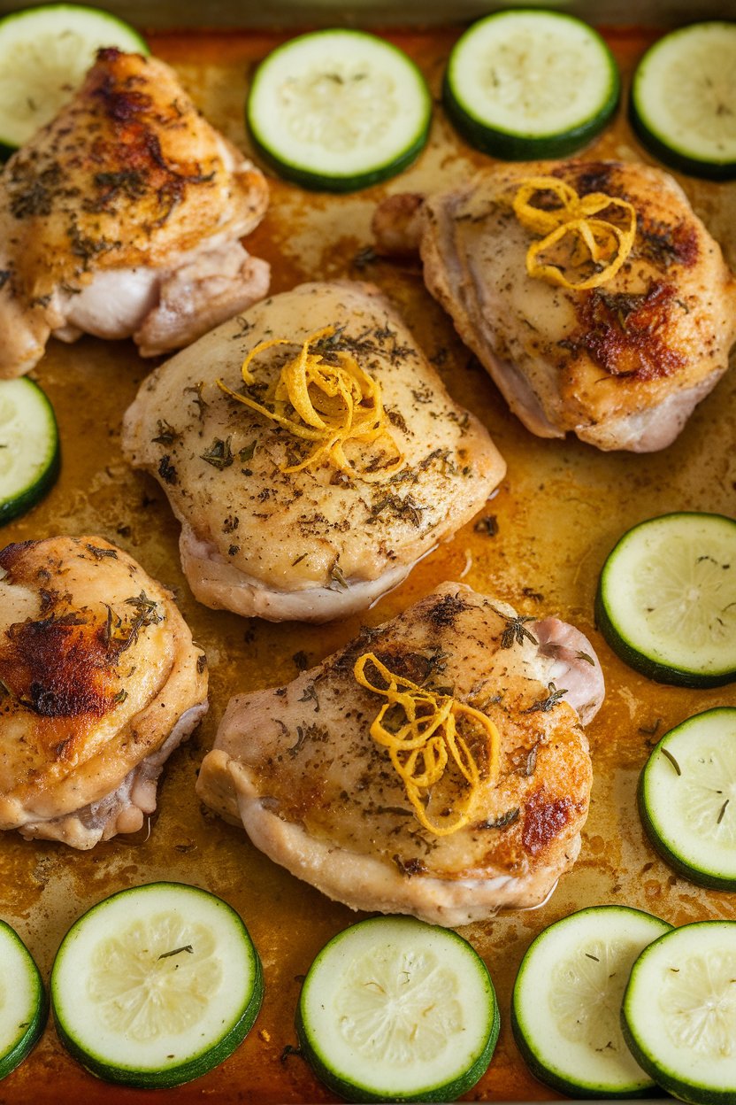 Indoor photo of golden chicken thighs sprinkled with dried oregano and lemon zest, sliced zucchini half-moons surrounding them on a sheet pan. Warm lighting, no text or logos.