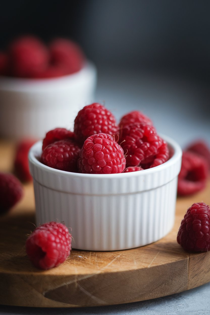 A white ramekin filled with ripe raspberries set on a wood board indoors under soft lighting. Photo, no text or logos.