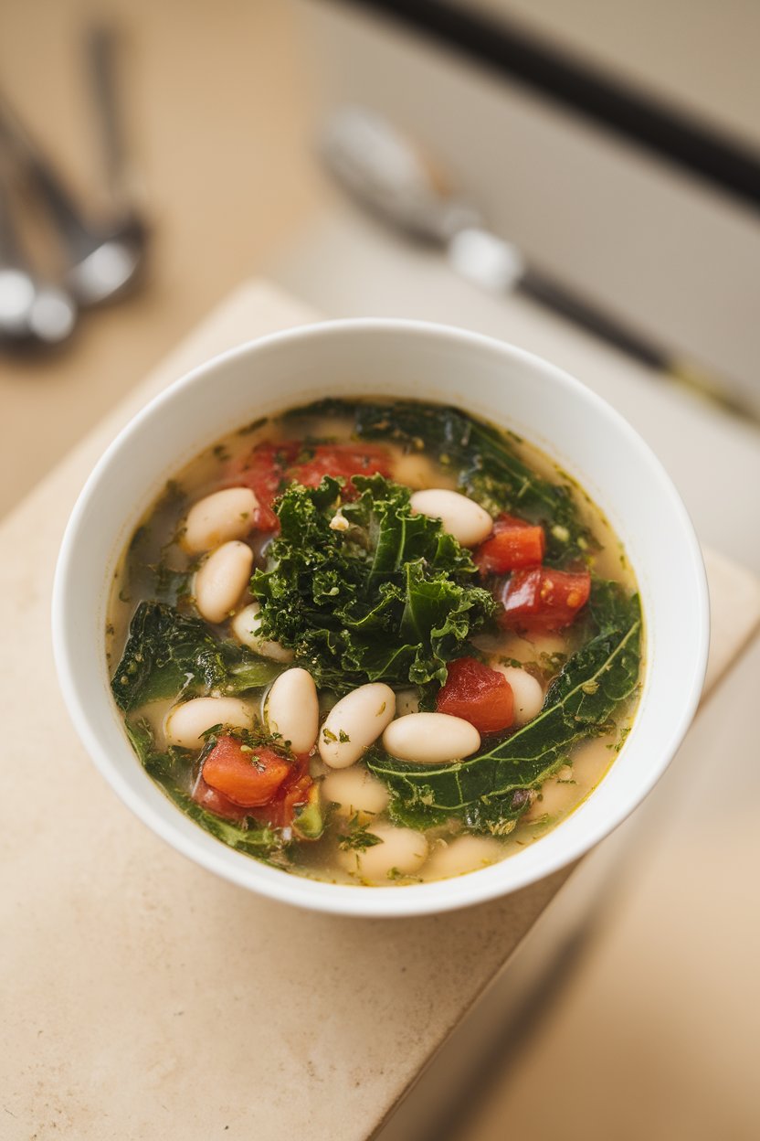 Indoor photo of a colorful soup with white cannellini beans, emerald kale ribbons, diced tomatoes, and herbs in a light broth; shot from a slight overhead angle. No logos or text.