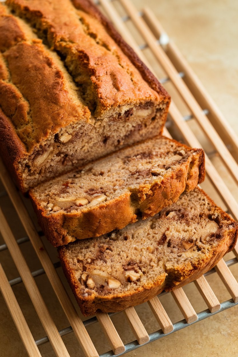 A loaf of banana bread on an indoor cooling rack, two slices cut to reveal a moist crumb with visible nuts. No text or logos. Photo, not illustration.